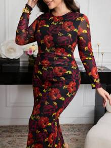 Modelyn Vestido elegante con estampado de malla y cintura para mujer de talla grande - Multicolor - Ver 5