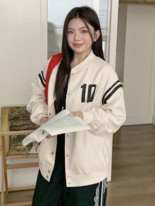 Dazy Plus Plus Size Varsity Jacket, Contrast Color Block & Numeric Print, Long Sleeve Loose Fit Plus Size Casual Coat For Women School - Apricot - View 3