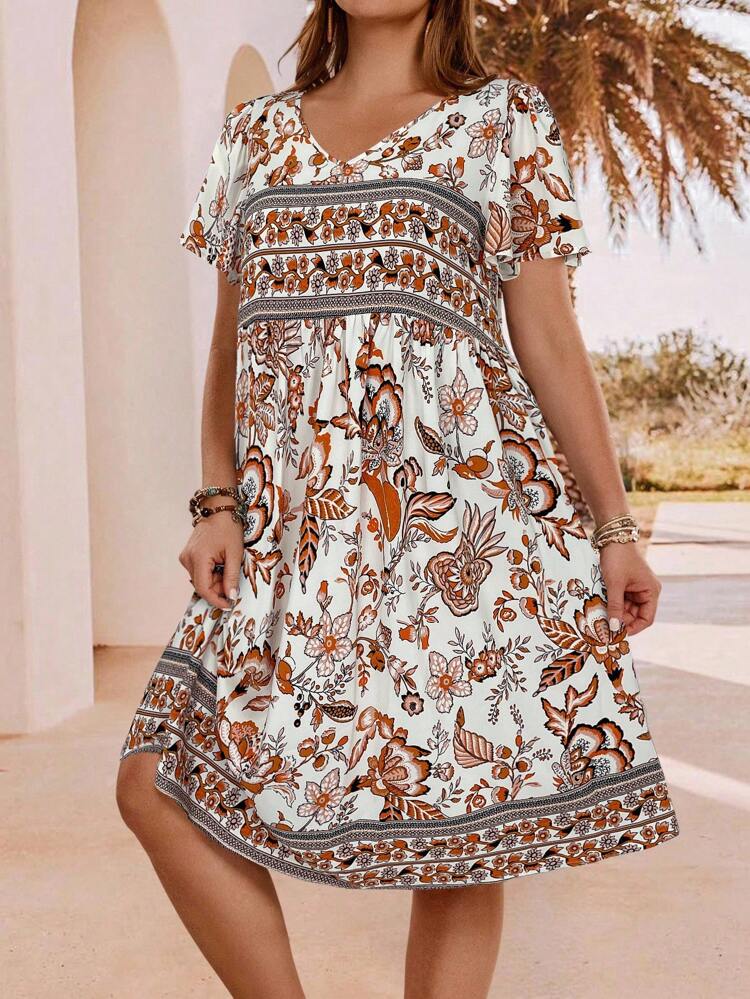 Plus Size Women Floral Print V-Neck Ruffle Short Sleeve Loose Casual Dress