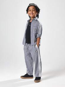 SUMWON Kids Checkered Long Sleeve Button Down Casual School Uniform Comfortable Preppy Classic Regular Fit Navy Plaid Shirt With Logo Badge Fall Winter - Royal Blue - View 3