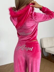 SHEIN EZwear 2 件圣诞连衣裙女式秋季街头时尚水钻字母图案连帽夹克和裤子套装万圣节服装女式正式上衣女式哥特式服装，粉色服装 - 粉色 - 查看 2
