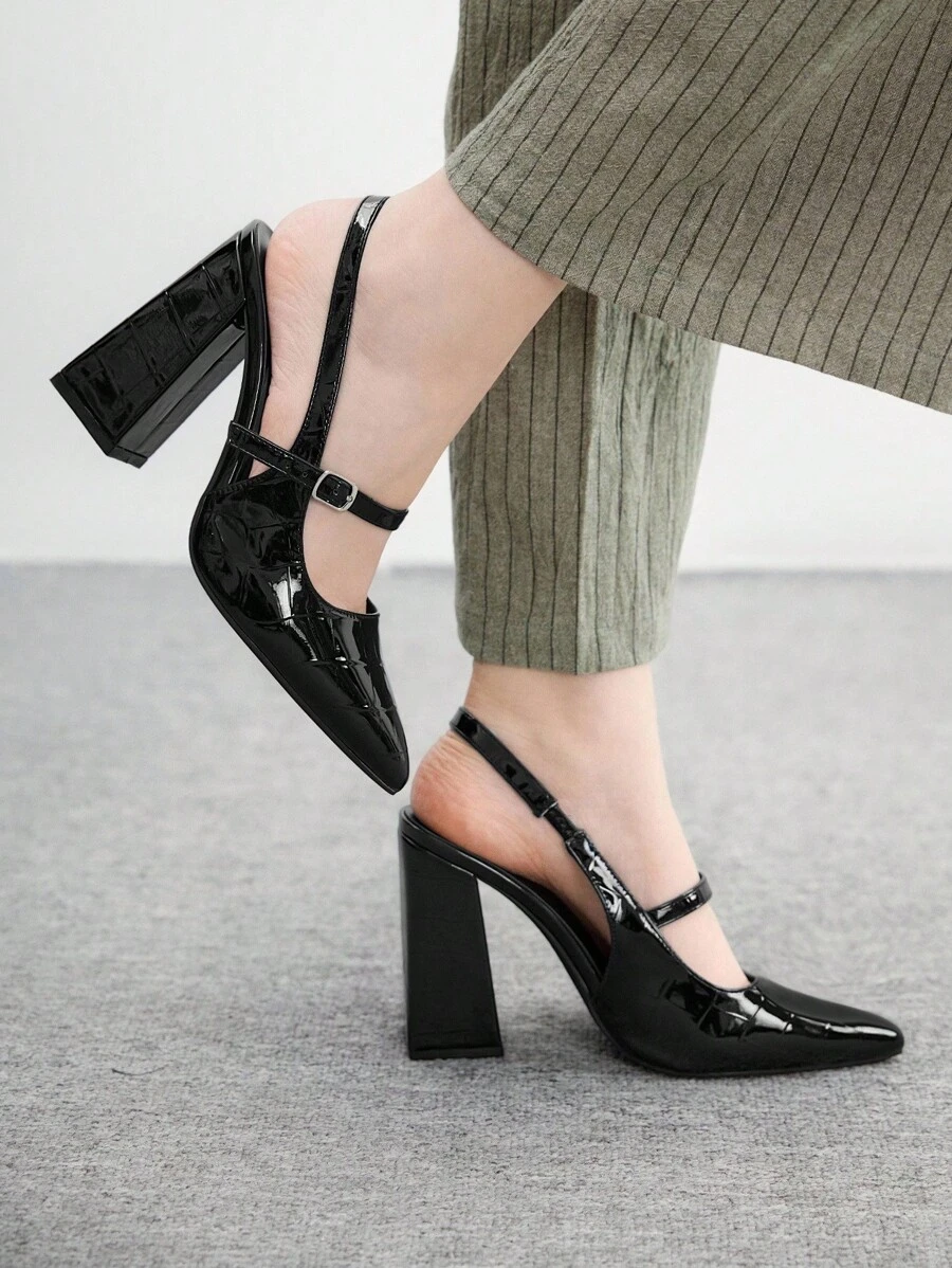 CUCCOO BIZCHIC Simple Basic Black Pointed Toe Strap Chunky Heel Shoes For Women For Christmas - Black - View 1