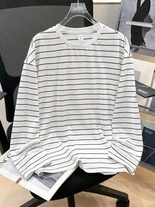 SHEIN 男童休闲条纹圆领长袖T恤，纯色百搭，适合通勤、上学、日常休闲、旅行、户外聚会、运动，秋冬季长袖T恤，秋冬服装 - 彩色 - 查看 3