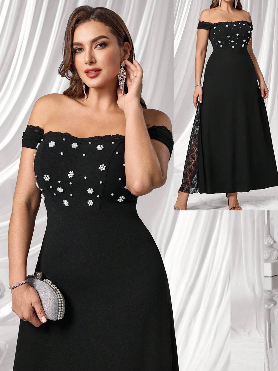 Coutiva Plus Size Elegant Off-Shoulder Beaded Formal Evening Gown Glamorous Dress Luxury Evening Dresses For Women  Plus Size Evening Dresses Graduation - Black - View 1