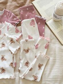 SHEIN LMoss Kids LMoss  6pcs Baby Girl Cute Cartoon Bear & Floral Print Ruffle Trim Round Neck Short Sleeve Top And Pants Casual Comfy Knit Pajama Set Graphic Teddy Bear Baby Clothes Baby Girl Pajama Set Heart Print Baby Pajamas Baby Girl Clothes Set Newborn Baby Girl Clothes - Multicolor - View 3