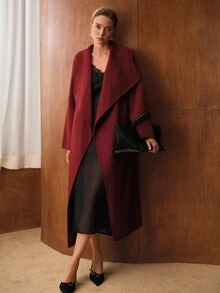 MOTF PREMIUM 羊毛优雅时尚大领系腰带宽松长款混纺大衣，秋冬 - 紅色 - 查看 5