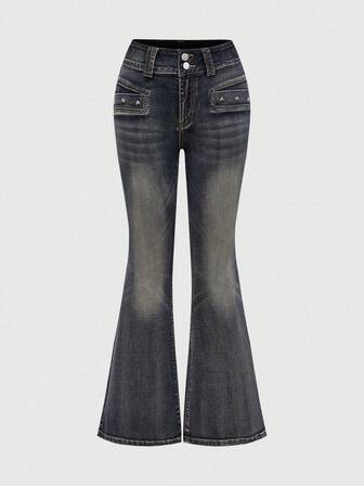 Vintage Y2K Super Low Waist Sexy Distressed Skull Studded Women Flare Jeans
