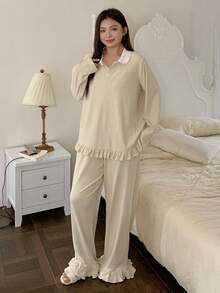 Dazy Plus Contrast Color Patchwork Shirt Collar Loose Ruffle Hem Casual Top & Wide Leg Pants Warm Pajama Set, Plus Size Women Spring/Fall Sleepwear - Apricot - View 7