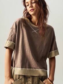 Bohemela 女士休闲纯色圆领短袖不对称下摆开衩 T 恤 - 彩色 - 查看 6