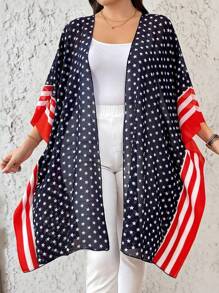 SHEIN LUNE Plus Size Women National Flag Lightweight 4th Of July Cover Up Kimono - Navy Blue - View 1