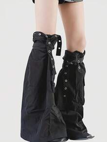 ROMWE Grunge Punk 1 Cặp quần ống bó ống chân có dây buộc nhiều túi phong cách Punk thời trang đường phố dành cho nữ, ống bó ống chân màu trơn dài đến đầu gối, thời trang cá tính dành cho giới trẻ thế hệ Millennials - màu đen - Xem 2