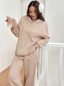 SHEIN EZwear 2 Pieces Thermal Lined Hoodie & Pants Set In Khaki, Women Casual Sweatsuit For Autumn/Winter - Khaki - View 7