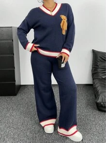 Sunnyshic Plus Size Women's Cute Bear Pattern Jacquard Knit V-Neck Sweater & Pants Set,Navy Blue,Autumn,Casual,School,Back-To-School 2-Piece Sweater Set - Royal Blue - View 1
