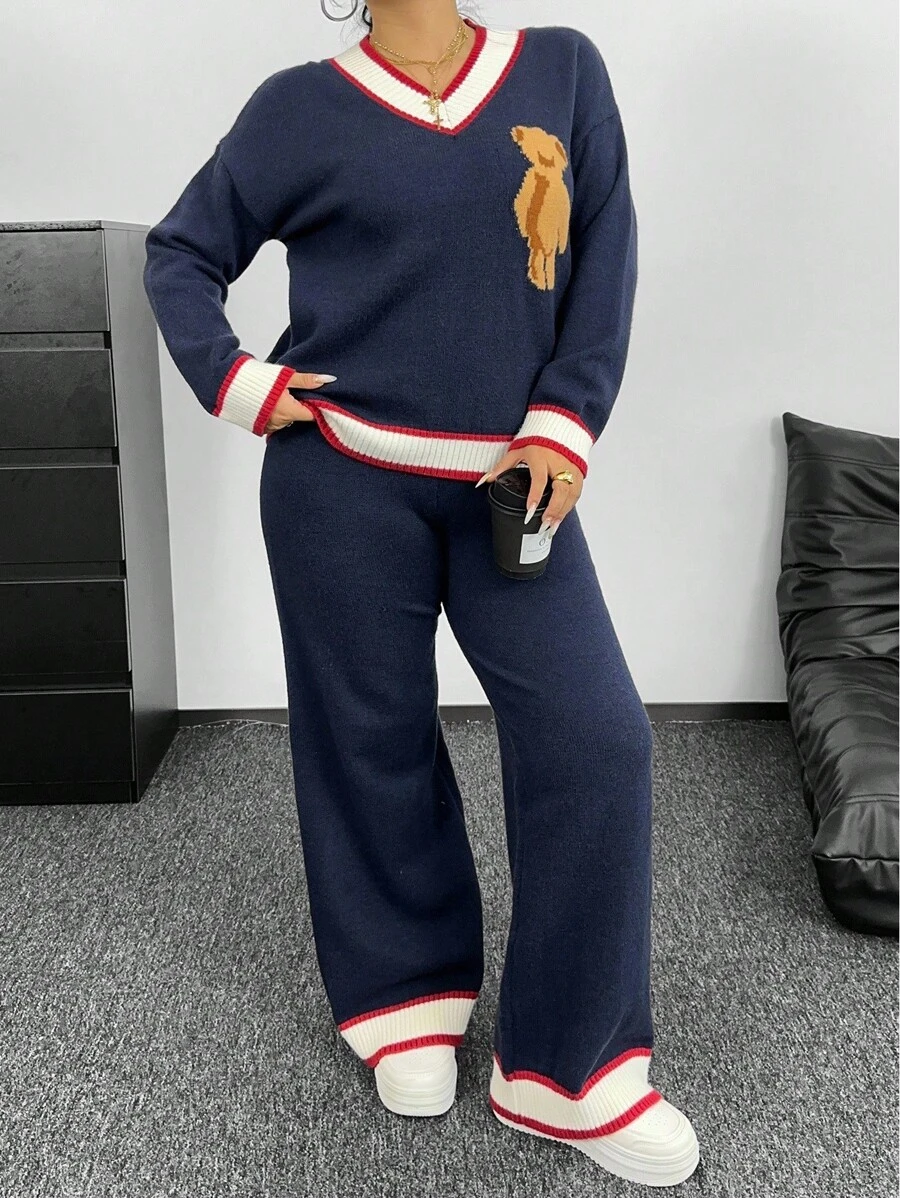 Sunnyshic Plus Size Women's Cute Bear Pattern Jacquard Knit V-Neck Sweater & Pants Set,Navy Blue,Autumn,Casual,School,Back-To-School 2-Piece Sweater Set - Royal Blue - View 1