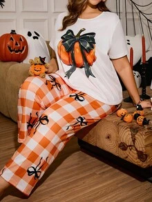Miss Vinta Plus Size Bow Pumpkin Halloween Plaid Print Short Sleeve Pajama Set - Multicolor - View 5