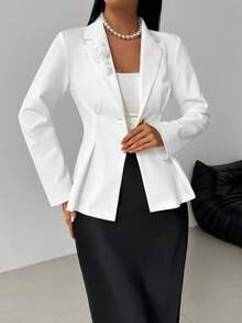 Modelyn Women's Solid Color 3D Floral Decor Long Sleeve Waist Fitted Elegant Blazer Fall Cloth For Women - White - View 5