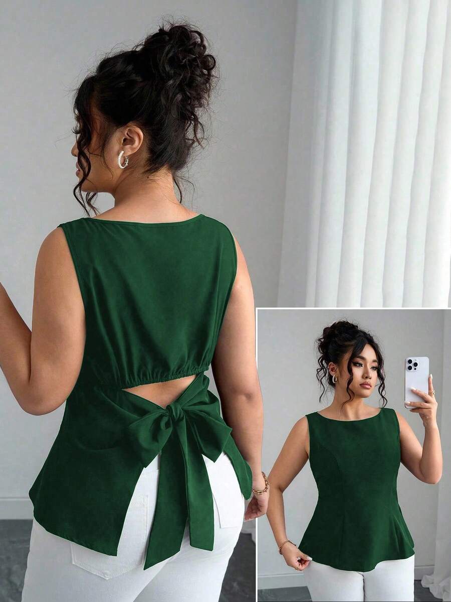 Elenzga Blusa senza maniche con coulisse in vita, tinta unita, taglie comode per donna - Verde Scuro - Visualizzare 1