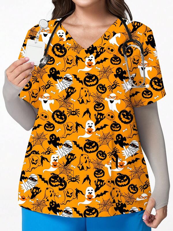 PopScrub Plus Size Yellow V-Neck Short Sleeve Double Pocket Halloween Pattern Design Nurse/Doctor Uniform Top, Plus Size Health Check Surgery Uniform Top, Plus Size Solid Color Pet Grooming Uniform Top, Plus Size Nutritionist Work Uniform Top, Plus Size Lab Work Uniform Top With Multi-Pockets, Functional Holiday,