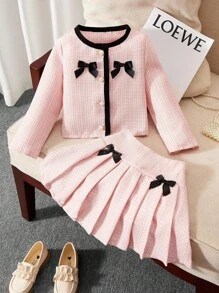 2pcs Girls Colorful Bow Decor Long Sleeve Top & Pleated Skirt Set, Elegant Casual Comfortable Outfit For Party, Holiday, Outdoor, All Season Fall Winter