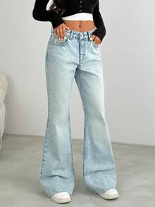 Women Low Waist Wash Detailed Flare Leg Jeans Y2k Jeans Wide Leg Jeans Flared Jeans Low Rise Flared Jeans - Light Wash - View 1