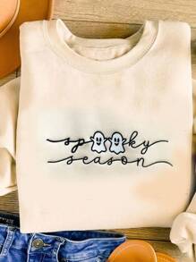 INAWLY Sweatshirt décontracté à col rond avec lettrage "BOO" brodé, cadeau d'Halloween - Nude - Voir 4