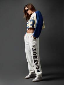 Missguided x Playboy 复古棒球插肩袖短款上衣运动衫复古学院风运动服休闲家居服秋冬 - 彩色 - 查看 5