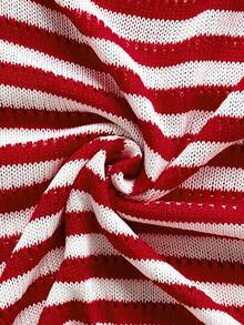 Soleia Women's Vacation Spring/Summer Apricot & Black Striped Knit Asymmetrical Shoulder Fitted Top And Super Low-Waist Skinny Shorts 2-Piece Set, Suitable For Party, Date, Beach, Cruise, Holiday, Vacation, Music Festival, Boho 2 Piece Woman Set Summer Knit Two Piece Set Striped Two Piece Set Red Two Piece Set 2piece Summer Sets - Red and White - View 8