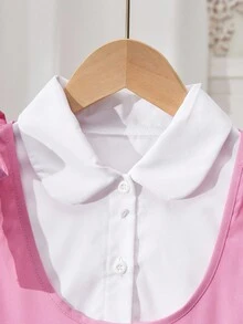 2 件青少年女孩白色泡泡袖衬衫和粉色背带裙，优质梭织面料，合身，优雅休闲，适合返校、家庭聚会和各种场合 - 淺粉色 - 查看 7