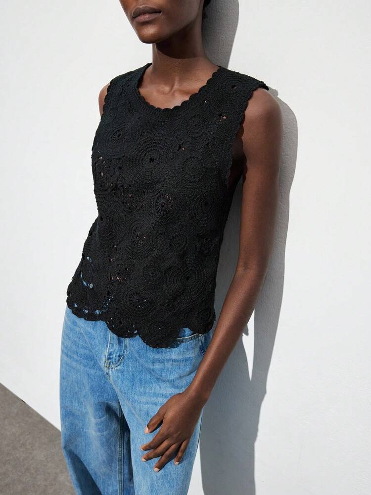 SHEIN Maija Black Sleeveless Round Neck Embroidered Tank Knit Top For Women, Fall For Women Female Country Look Black Crochet Top Eyelet Crochet Top Saudi National Day Casual Party Thanksgiving For Women Halloween Costume Women Christmas Sweater
