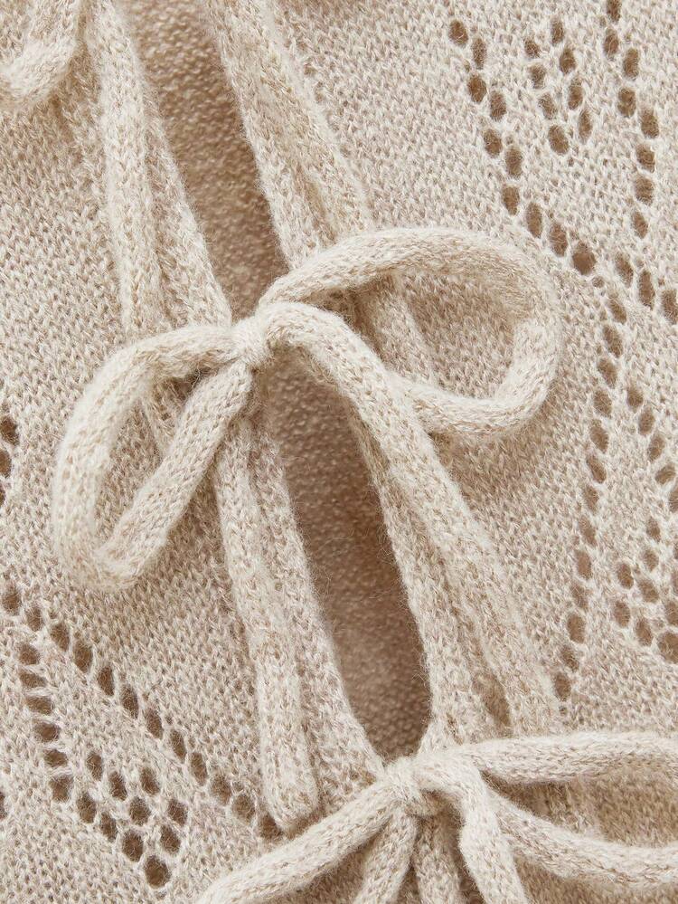 SHEIN Maija Top tricoté femme chic de vacances printemps/été, fleur 3D ajourée en crochet, nœud, kaki. Style décontracté romantique, adapté aux sorties, rassemblements, mariages, style vintage, Saint-Valentin