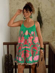 Travachic Plus Size Women Tropical Floral Print Backless Tie Detail Loose Jumpsuit With Pockets, Casual Beach Wear