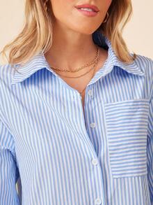 Coeurva Ladies Spring Summer Casual Blue & White Striped Shirt Dress With Asymmetrical Hem, Side Slit And Pockets,Pastel Dresses For Women - Blue and White - View 5