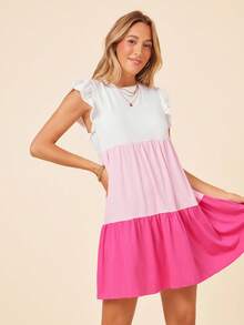 Coeurva Vestido informal de mujer con parches tejidos, cuello redondo, manga corta y bloque de color para primavera/verano - Rosa - Ver 4