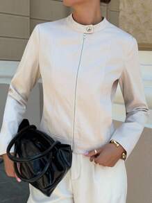 Lavishia Women's Casual Solid Color Long Sleeve Jacket, Suitable For Everyday Wear In Fall/Winter - Apricot - View 5