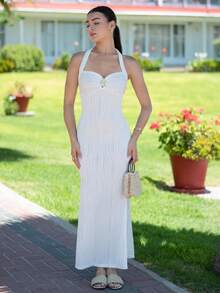 Andrea Bello Vestido ajustado maxi de cola de pez con cuello anudado, de textura sólida y elegante para mujer - Blanco - Ver 4