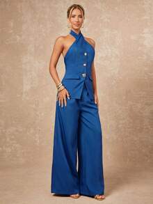 Lumalex New Business Casual Smart Casual Retro Elegant OL Blue Halter Metal Buckle Decor Top Paired With Loose Wide Leg Pants Women 2 Pieces Set French Brunch - Blue - View 14