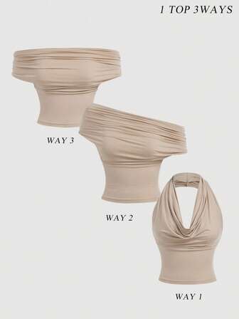 SHEIN MOD 3-Way Wear Women's Casual Solid Color Slim Fit Top For Summer, Cowl Neck Top, Off The Shoulder Top, Aesthetic Tops,Festival,Country Outfits,Beach Vacation Wear,Tea Party ,Modest ,Prom Top,Cute Tops