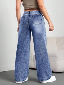 SHEIN Tall Quần jean ống rộng ống đứng cài nút thường ngày cho nữ, phù hợp mặc hàng ngày - Rửa tối - Xem 2