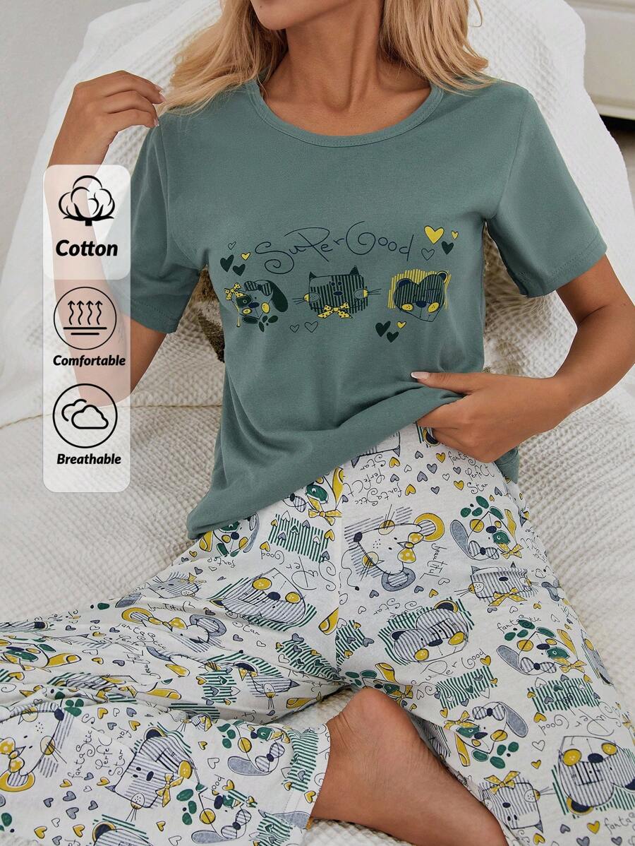 EURMUSE 2Pcs Cotton Cute Animals Printed Shirt And Animals Printed Sleep Bottom Homewear PJ Set - Green - View 1