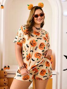 Chillnights Conjunto de Pijama Curto com Estampa de Abóbora Fofa Plus Size para Mulheres, Pijama de Halloween Plus Size para Mulheres, Pijama de Halloween Plus Size, Conjunto de Pijama Plus Size, Shorts de Pijama de Halloween, Pijama de Outono Plus Size - Multicolorido - Visão 1