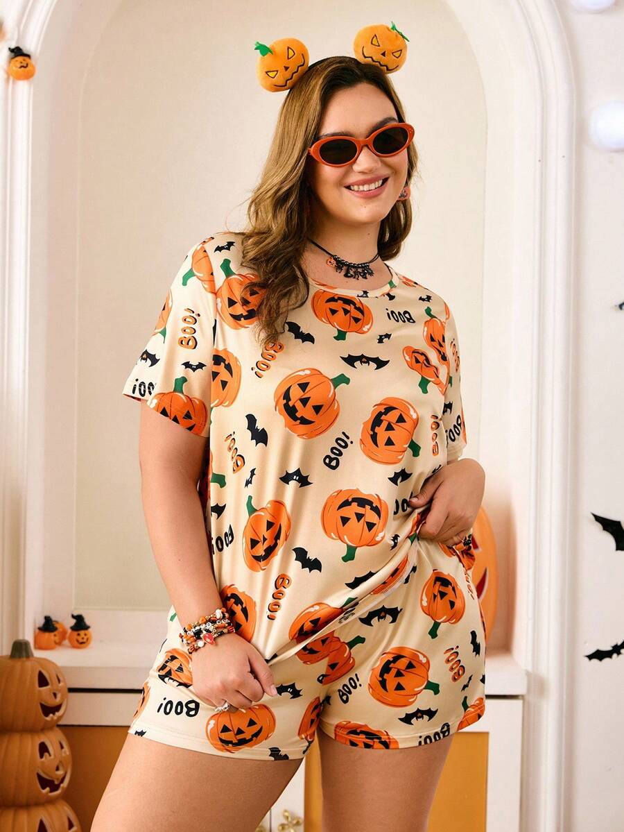 Chillnights Conjunto de Pijama Curto com Estampa de Abóbora Fofa Plus Size para Mulheres, Pijama de Halloween Plus Size para Mulheres, Pijama de Halloween Plus Size, Conjunto de Pijama Plus Size, Shorts de Pijama de Halloween, Pijama de Outono Plus Size - Multicolorido - Visão 1