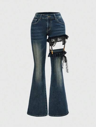 J-Fashion Y2K Harajuku Gyaru Millennium Sexy Lace Patchwork Low Waist Cross Retro Skinny Ultra Low Waist Women Jeans