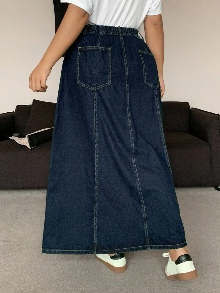 Dazy Plus Plus Size Women Dark Wash Denim A-Line Skirt, Autumn
