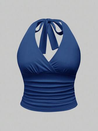 Grunge Punk Camiseta sin mangas con cuello halter y cintura fruncida con estampado de leopardo para tallas grandes