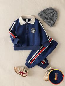 SHEIN Baby Boy 2pcs Navy Blue Contrast Color Polo Collar Sweatshirt And Pants Set,Casual Autumn Winter Outfits,Cozy Infant Clothing,Date,6M-3T - Royal Blue - View 3