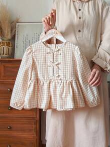 Vintaside Kids Áo sơ mi dài tay cho bé gái, thời trang dễ thương, phong cách đồng quê giản dị, trang trí nơ có thể tháo rời, áo blouse nữ tính thanh lịch, thích hợp cho mùa xuân và mùa thu - Màu be - Xem 1