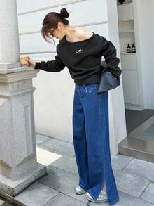 SHEIN EZwear Jeans anchos y sueltos de mezclilla azul oscuro con decoración de rhinestones para mujer, atuendos de otoño, atuendos para salir, atuendos casuales de negocios, estilo old money, atuendos casuales de negocios para mujer - Azul lavado medio - Ver 6