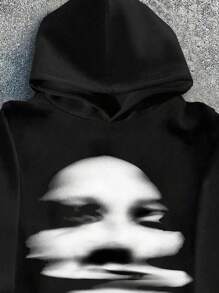SHEIN Áo sweatshirt dày màu đen kiểu dáng casual cổ điển dành cho thiếu niên nam, họa tiết trừu tượng, hình bóng chữ cái tiếng Anh, phù hợp cho mùa thu đông. - màu đen - Xem 3
