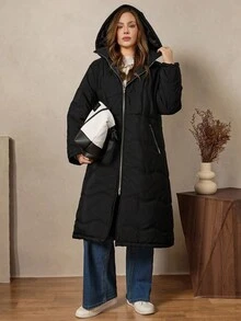Zelara 大码纯色拉链连帽保暖羽绒服，秋冬季商务休闲工作秋季教师款 - 黑色 - 查看 5