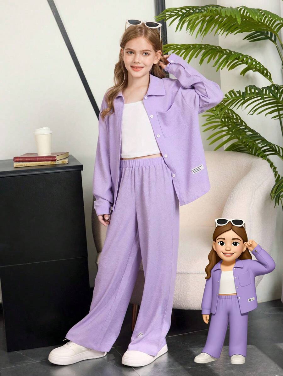 青少年女孩百搭纯色衬衫和裤子套装